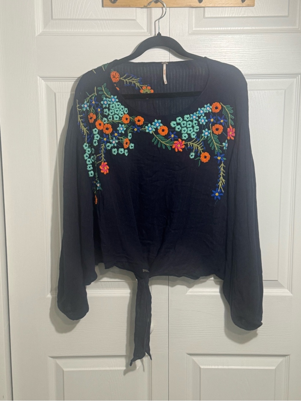 Free People Navy Embroidered Floral Tie-Front Blouse